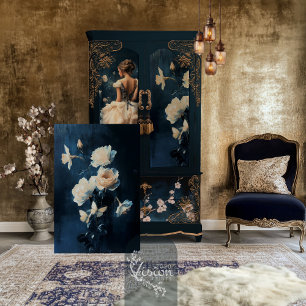 Papel De Seda Buquê de Rosa Branca e Narciso Fundo Azul Marinho