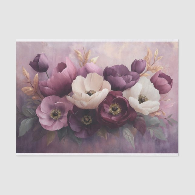 Papel De Seda Buquê Floral Branco e Roxo Elegante (Frente )