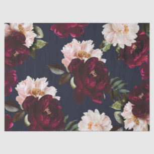 Papel De Seda Burgundy Bege Azul Marinho Floral Peônias Escuras