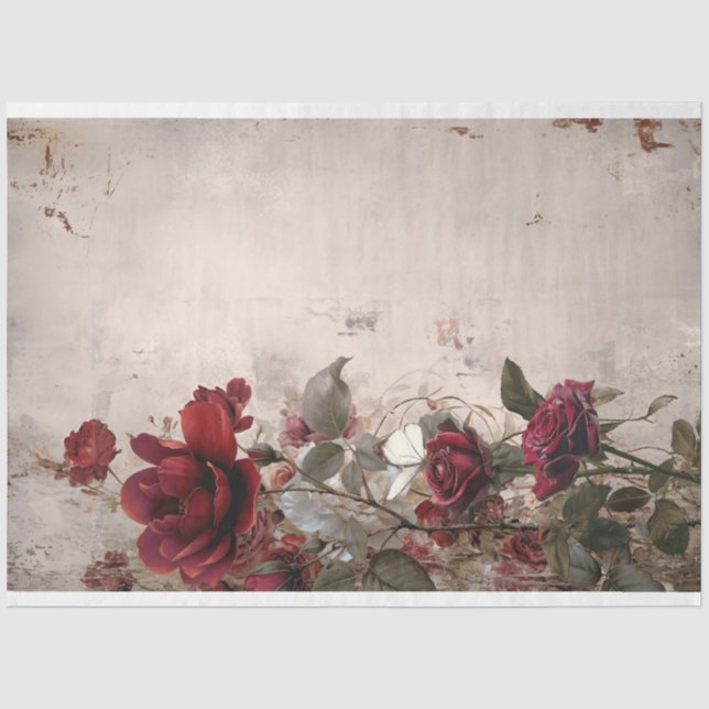 Papel De Seda Burgundy & Bege, Rosas Florais, Shabby Chic (Frente )