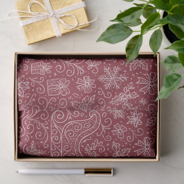 Papel De Seda Burgundy Doodle Natal Sleigh Patterno (Presente)