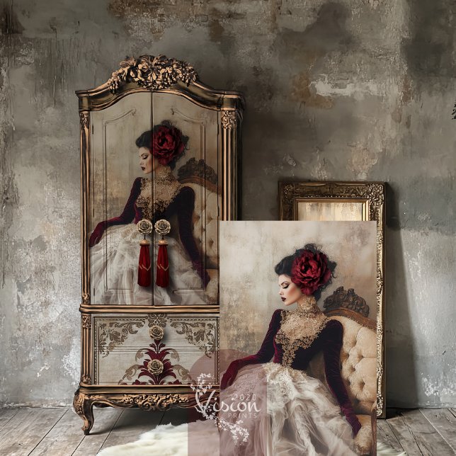 Papel De Seda Burgundy Muse, Retrato Elegante e Floral (Burgundy Muse, Beautiful sitting woman, elegant portrait & floral, decoupage tissue paper)
