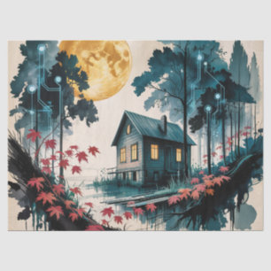Papel De Seda Cabana ao Luar Floresta Japonesa Arte (1)