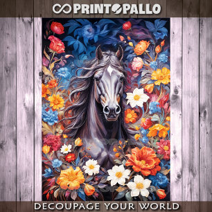 Papel De Seda Cabeça de cavalo em pintura surrealista com flores