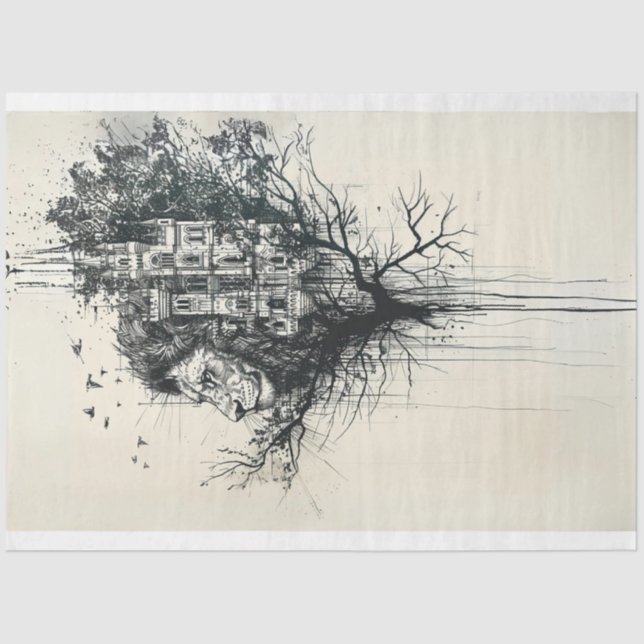 Papel De Seda Cabeça de Leão Silhueta na Sequência de Árvore (Frente )