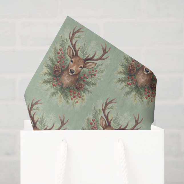 Papel De Seda Cabeça de Veado Rústico da Floresta com Folhagem d (Sacola de presentes)