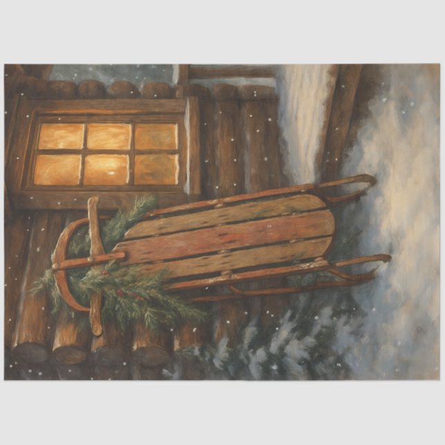 Papel De Seda Cabin Porch Winter Sleigh Decoupage (Frente )