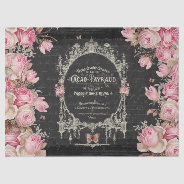 Papel De Seda Cacao Chaud e Rosas Borboletas Rosa Decoupage (Frente )