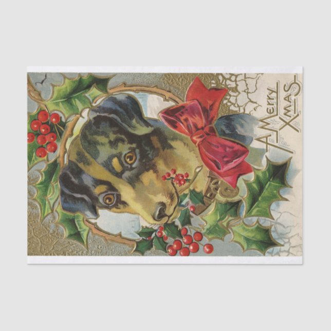 PAPEL DE SEDA CACHORRO DE NATAL CUTO COM ARCO VERMELHO E HOLLYBE (Frente )