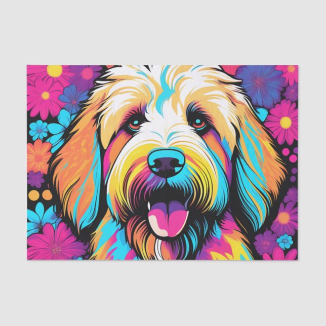 Papel De Seda Cachorro De Pop De Arte Labradoodle Com Flores (Frente )