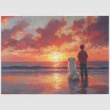 Cachorro e Menino Assistindo Sunset na Praia