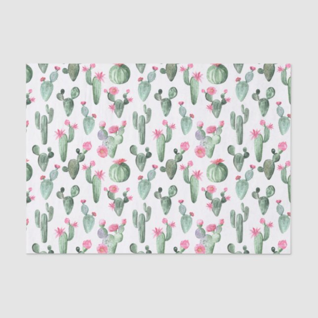 Papel De Seda Cacto Aquarela Verde e Rosa (Frente )