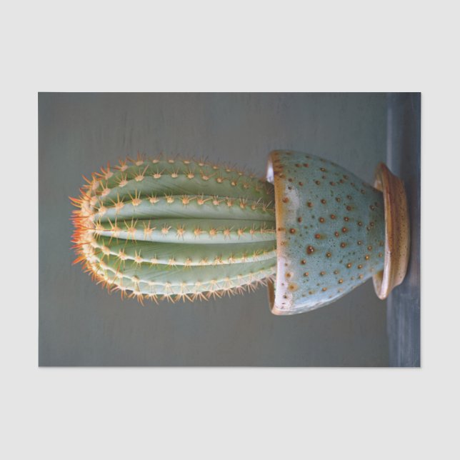 Papel De Seda Cacto Verde em Decoupage de Pote Cerâmico Teal (Frente )