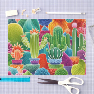 Papel De Seda Cactos em Vasos Abstratos