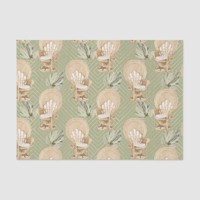 Papel De Seda Cadeira Verde de Rattan e Folha de Palm (Frente )