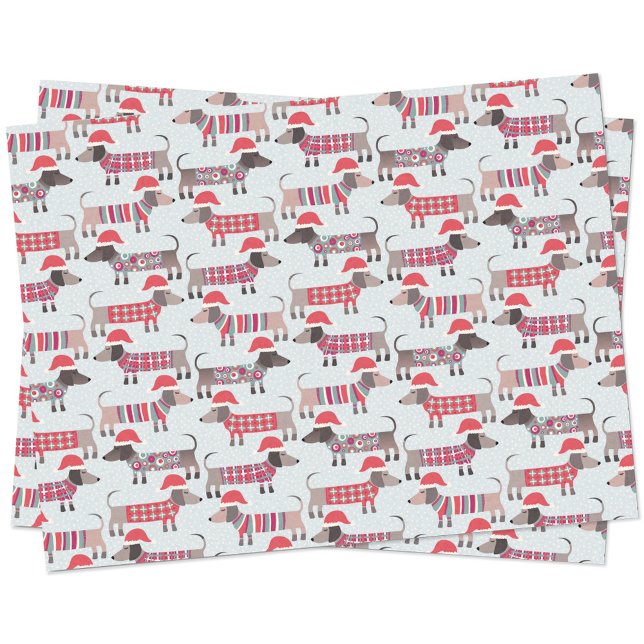 Papel De Seda Cães de linguiça de Dachshund em Chapéus e Knits d (Fun Christmas Dachshund Wiener Sausage dog pattern holiday tissue paper)