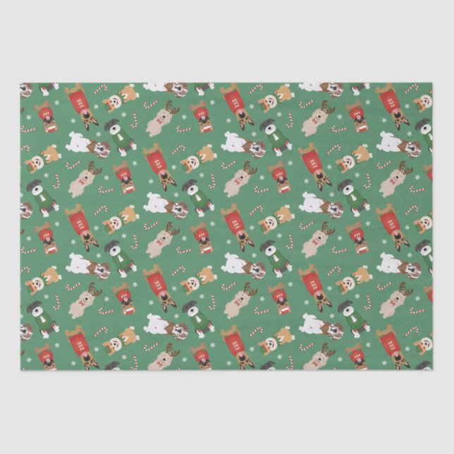 Papel De Seda Cães de Natal Padrão Vermelho Verde (Frente )