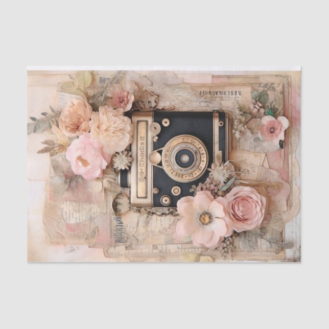 Papel De Seda Câmera Antiga e Flores Rosas, Shabby Chic (Frente )