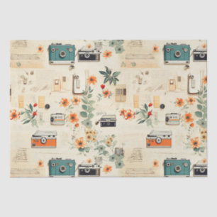 Papel De Seda Câmera Vintage Rádio Floral Azul Turquesa Laranja 