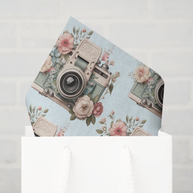 Papel De Seda Camera with Flowers Retro Pastel Image Pattern (Sacola de presentes)