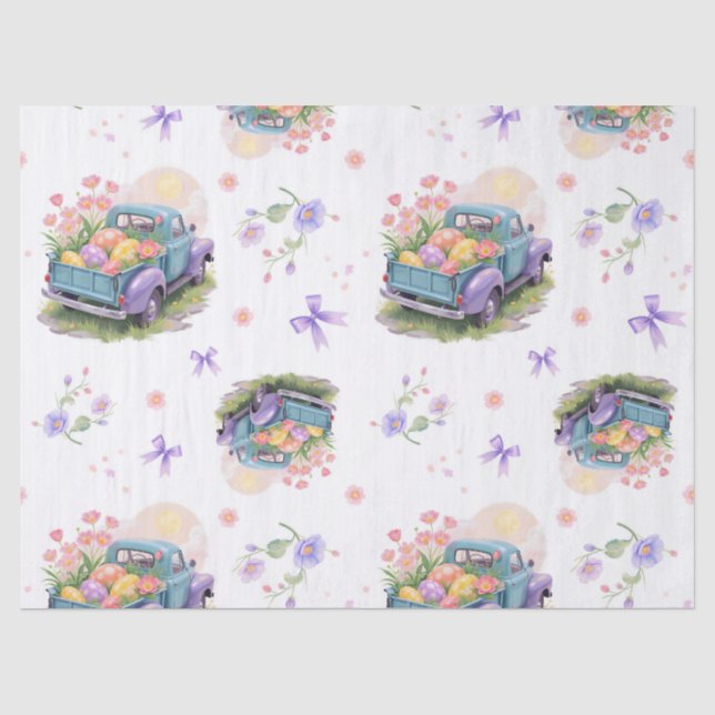 Papel De Seda Caminhão Retro Azul Turquesa e Roxo com Ovos de Pá (Frente )