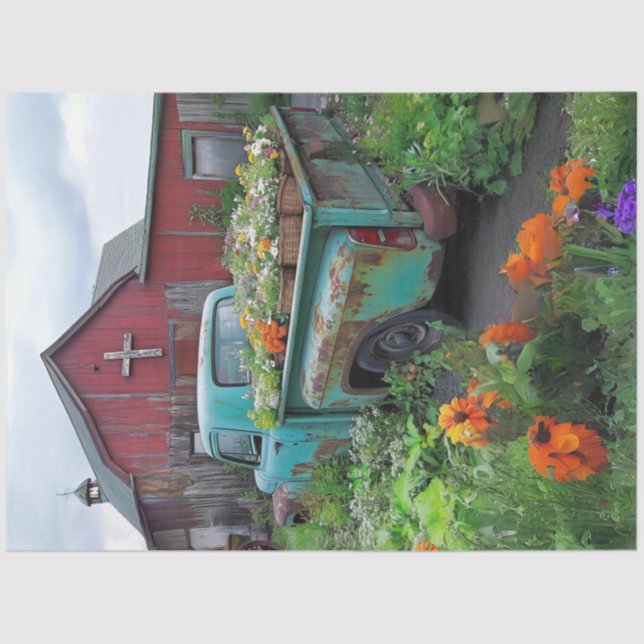 Papel De Seda Caminhão Teal Desacoplado Carregado com Flores Ver (Frente )