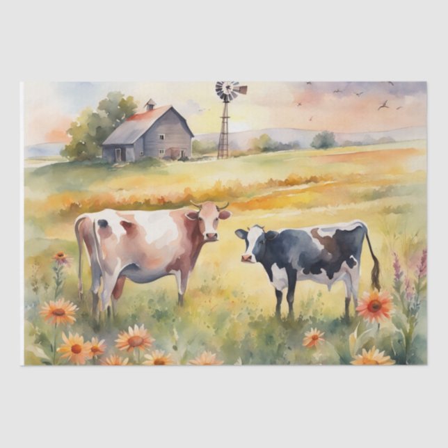 Papel De Seda Campo de aquarela das vacas e do nascer do sol (Frente )