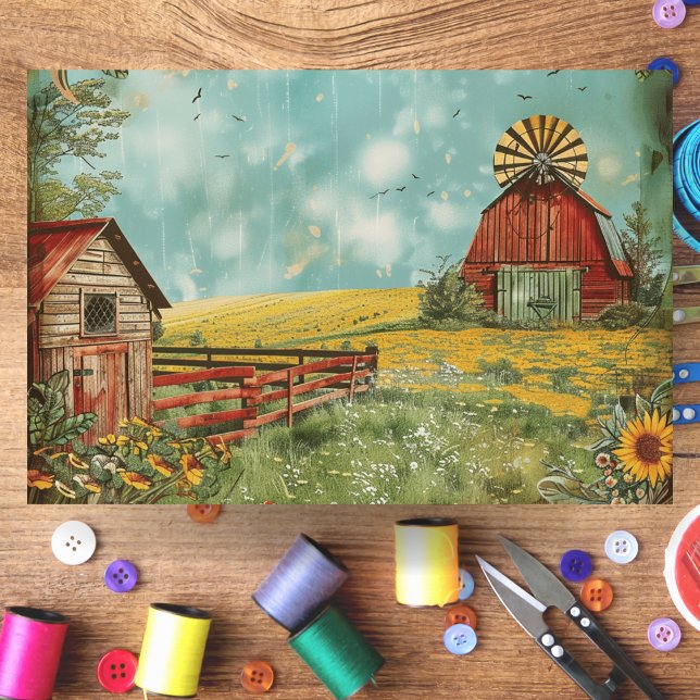 Papel De Seda Campo de fazenda Russo e Decoupage de celeiro (Rustic Farmhouse Field and Barn Decoupage Tissue Paper)