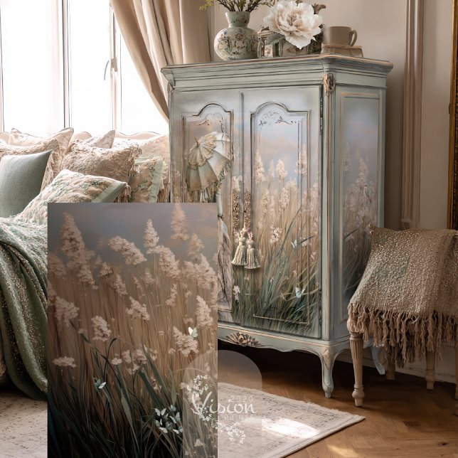 Papel De Seda Campo de Sonhos, Grama das Pampas & Borboletas (Field of Dreams, Pampas Grass,  and Butterflies, Decoupage Tissue Paper.)
