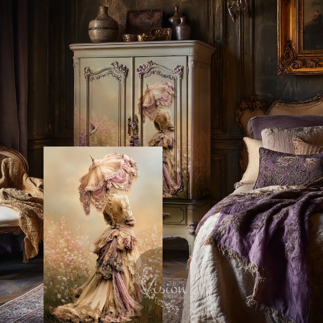 Papel De Seda Campo de Sonhos, Mulher & Guarda-Sol Violeta Empoe (Field of Dreams, Woman & a Parasol, Ethereal Floral, Violet Beige, Decoupage Tissue. )