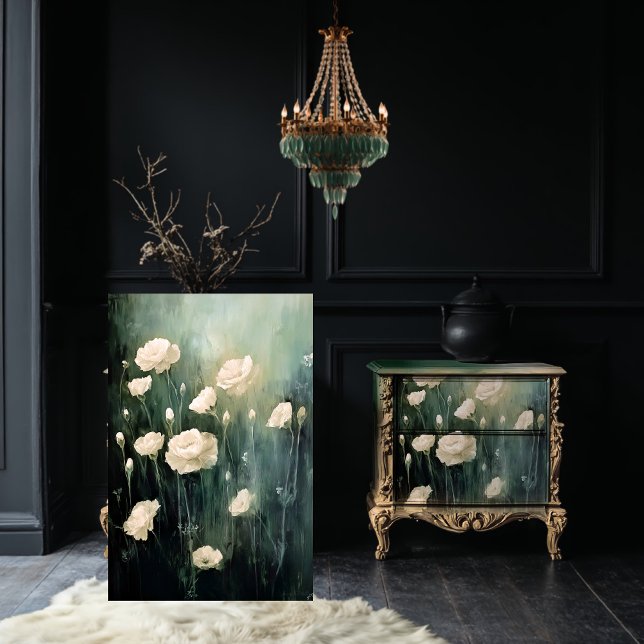 Papel De Seda Campo Floral das Placas Delicadas (Carnations, Delicate Plumes, Floral Field, Emerald Green & Beige, Decoupage Tissue Paper. )