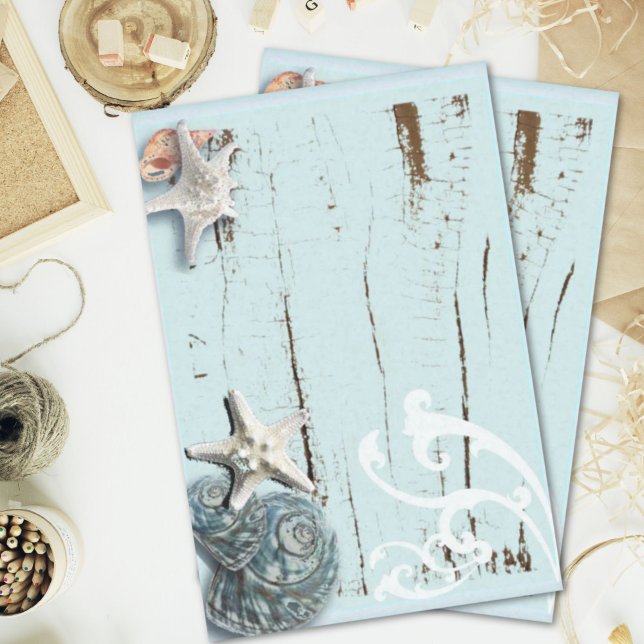 Papel De Seda Cana-de-coleira-estrela-de-lenha-da-praia-azul-aqu (Coastal aqua blue beach wood starfish seashell tissue paper)