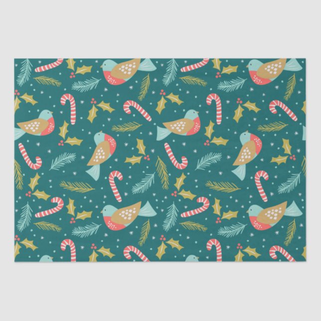 Papel De Seda Candy Canes Holly Pine Boughs Birds (Frente )