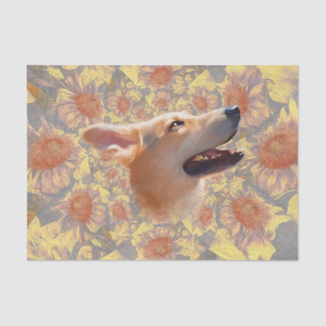 Papel De Seda Cão Cachorro Girassóis Florais (Frente )