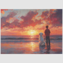 Cão e Menino Observando o Pôr do Sol na Praia