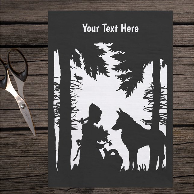 Papel De Seda Capuz Vermelho Preto Branco Florestas Flores Lobo (Black silhouette of red riding hood with flowers under trees in woods with wolf on tissue paper.)