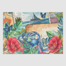 Papel De Seda Caranguejo Azul Florais Tropicais & Borboletas