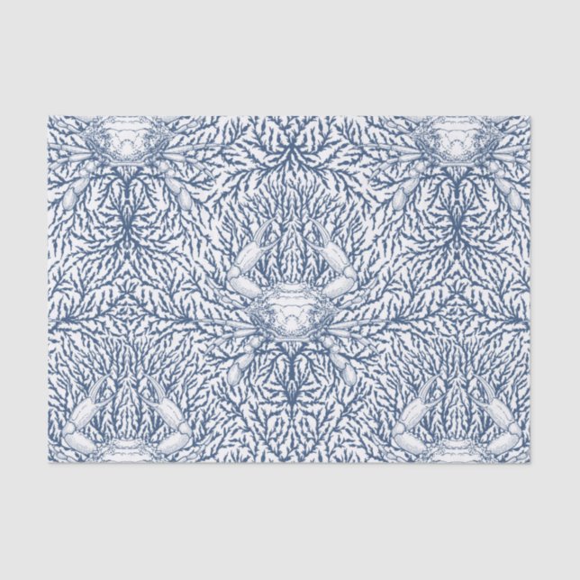 Papel De Seda Caranguejo e algas marinhas em branco e marinho (Frente )