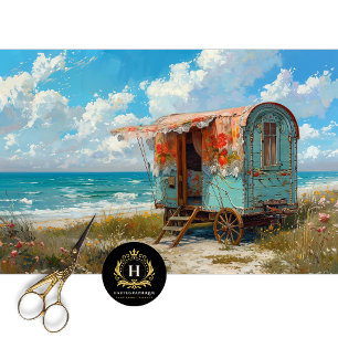 Papel De Seda Caravana Cigana Turquesa à Beira-Mar em Decoupage