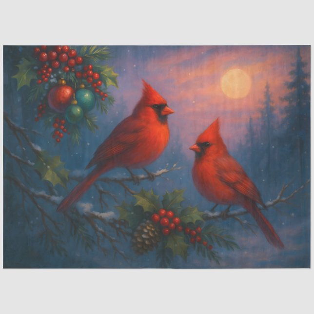 Papel De Seda Cardeais de Inverno sob a Lua do Solstício em Deco (Frente )