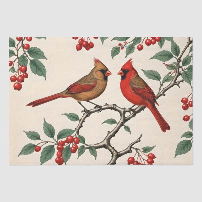 Papel De Seda Cardeais e Bagas Vermelhas Decoupage (Frente )