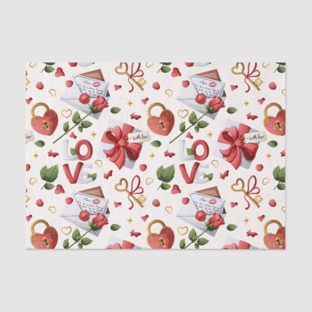 Papel De Seda Carta de Amor Romântico, Chave de Cadeado e Rosa V (Frente )
