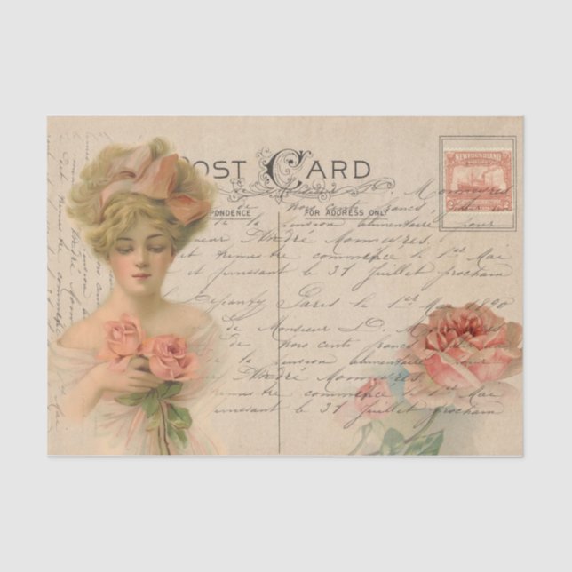 Papel De Seda Cartão-Postal Clássico/Senhora Vitoriana Com Rosas (Frente )