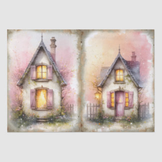 Papel De Seda Casa cottagecore em aquarela rosa e brilho