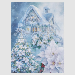 Papel De Seda Casa de Inverno Cênica Floral Azul Elegante
