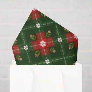 Papel De Seda Casa de Natal Plaid com Cruz Floral Vermelha 