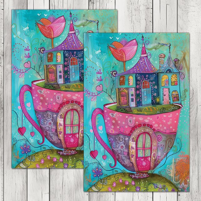 PAPEL DE SEDA CASA DE XÍCARA DE CHÁ CAPRICHOSA DECOUPAGE (WHIMSICAL TEA CUP HOUSE DECOUPAGE TISSUE PAPER)