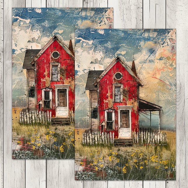 PAPEL DE SEDA CASA RÚSTICA VERMELHA DESGASTADA DECUPAGEM MISTA (SHABBY RED RUSTIC HOUSE MIXED MEDIA DECOUPAGE TISSUE PAPER)