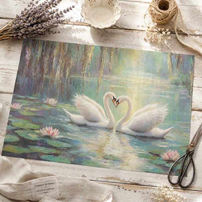 Papel De Seda Casal de Cisnes Românticos em Decoupage de Lago de (Criador carregado)