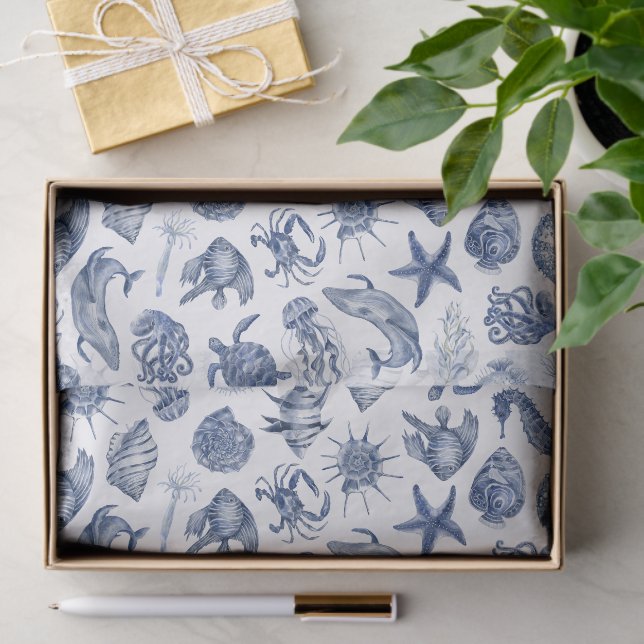 Papel De Seda Casamento Azul Moderne de Aguarela Costeira de Pra (Presente)